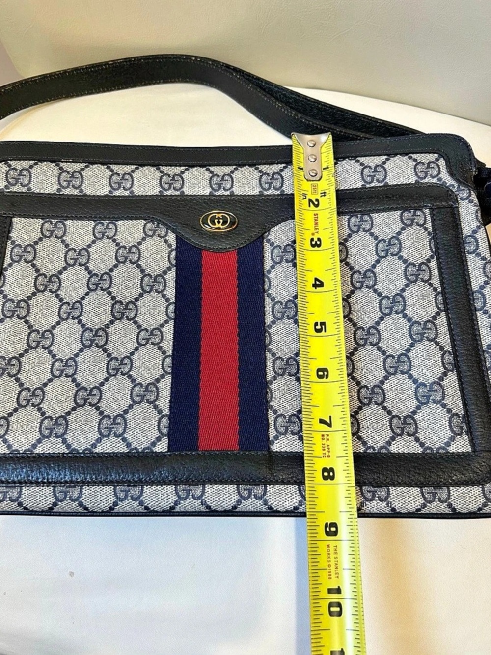 Gucci Vintage GG Supreme Navy Web Stripe Shoulder Bag Blue & White - Picture 14 of 16
